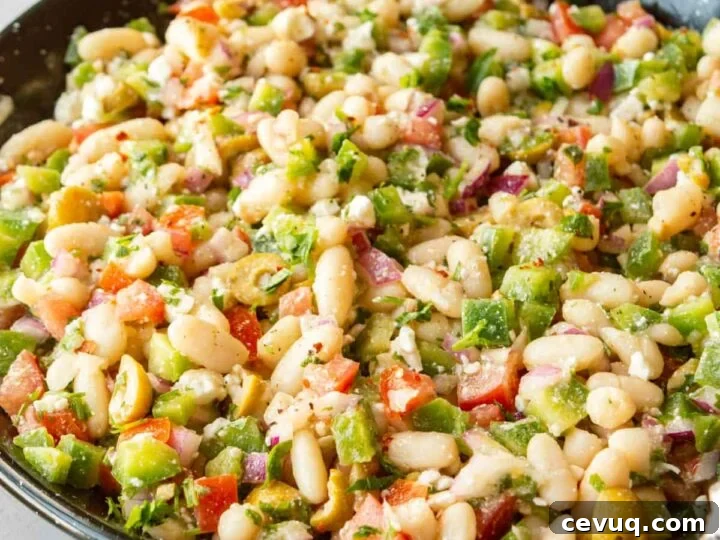 A black pan with white bean salad on a white background.