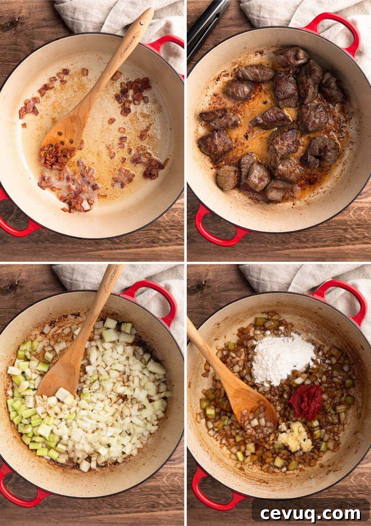 Collage of four overhead photos making Guinness Beef Stew in a Dutch oven. Clockwise: 1- crisping chopped bacon, 2 - browning beef cubes, 3 - sautéing aromatics, 4 - adding flour, garlic, and tomato paste