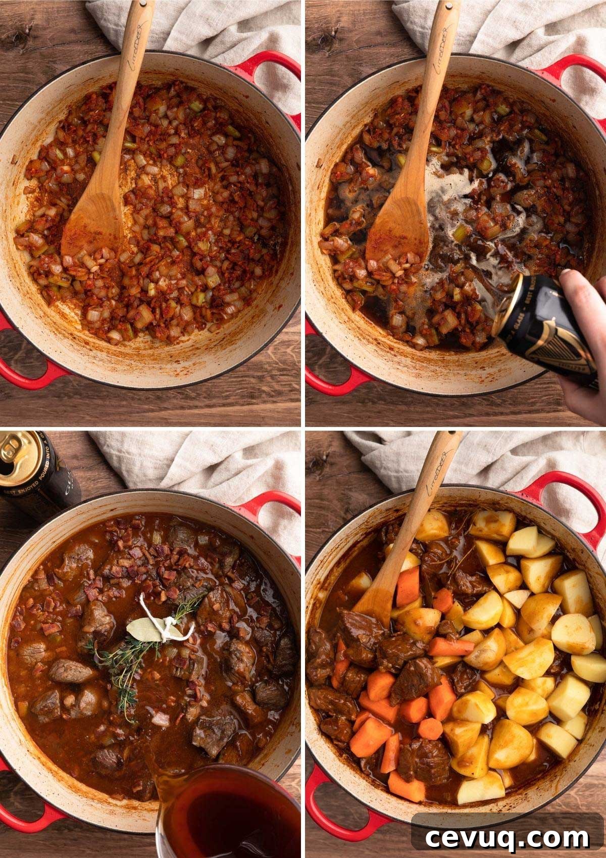 collage of four overhead photos in a Dutch oven. Clockwise: 1- caramelizing the tomato paste, 2 - deglazing the pan with stout, 3 - pouring in beef stock, 4 - adding carrots and potatoes