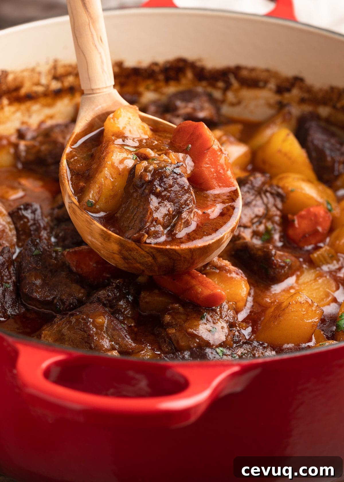 ladleful of stout beef stew being scooped from a red Le Creuset Dutch oven
