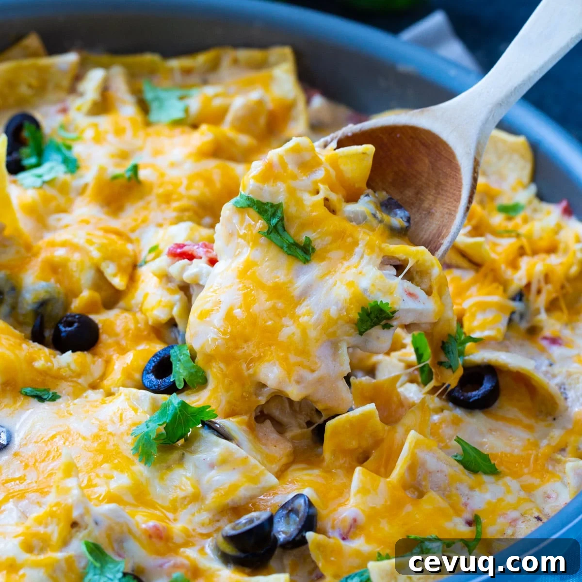  Chicken Enchilada Skillet in skillet with spoon scooping some.