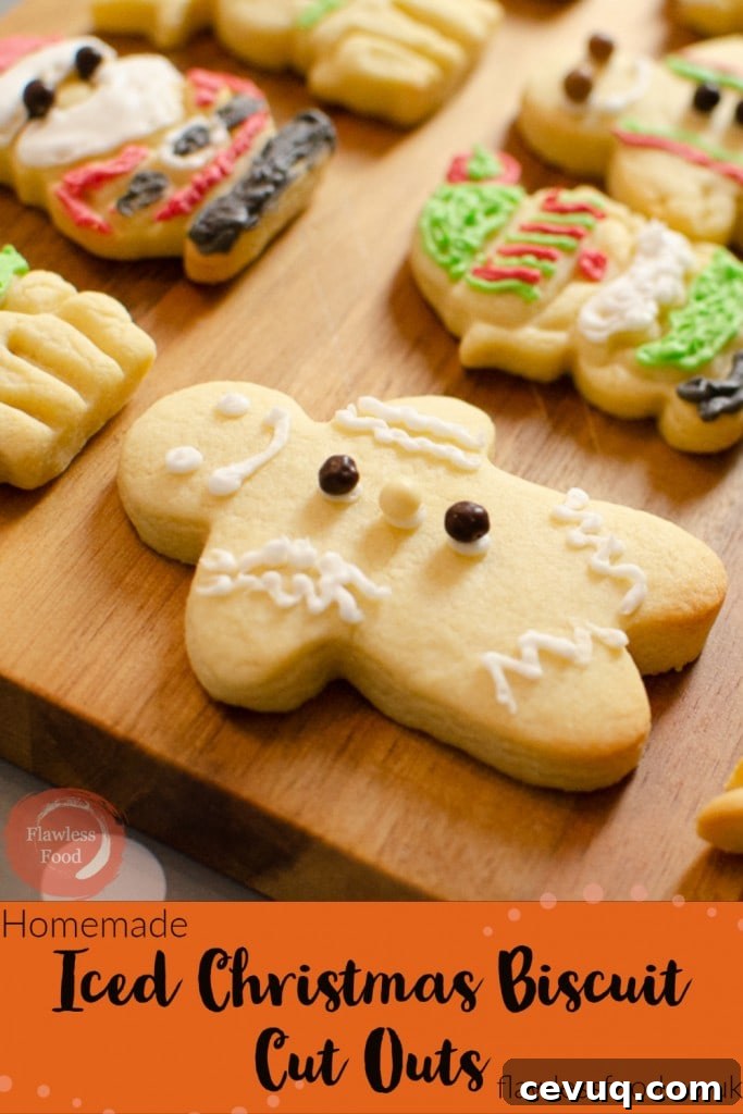 Pinterest Image of our Iced Christmas Biscuit Cut Outs of gingerbread men ,Santa Claus and elf's decorated with green,red, black and white icing