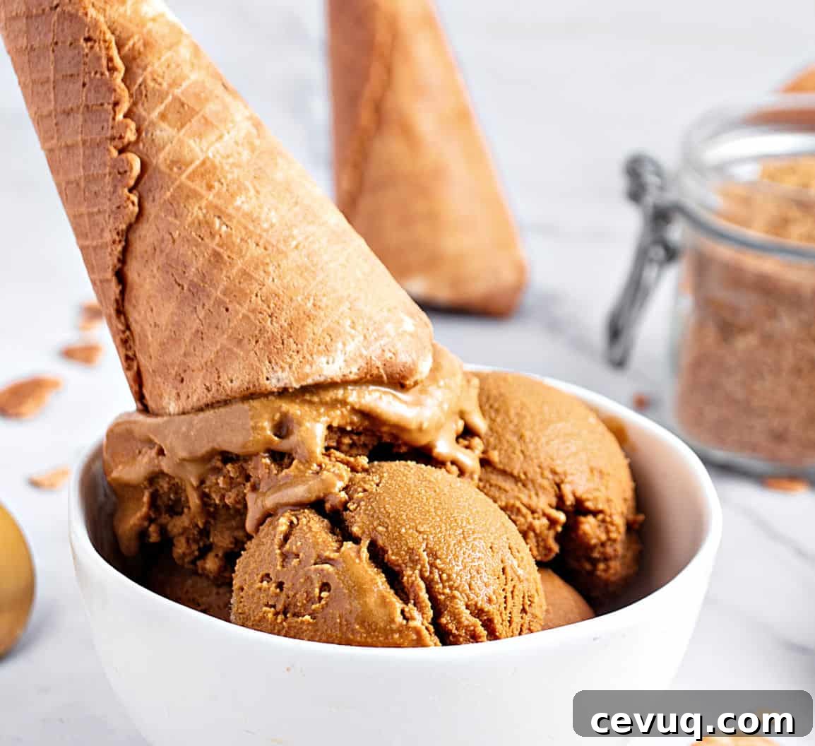 Scoops of brown sugar ice cream in a white bowl with a waffle cone. Gray background.