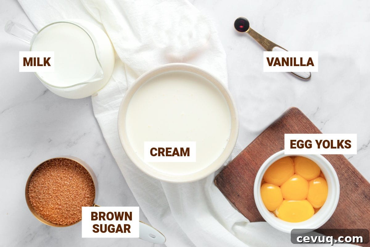 White bowls with ingredients for brown sugar ice cream including yolks and cream.
