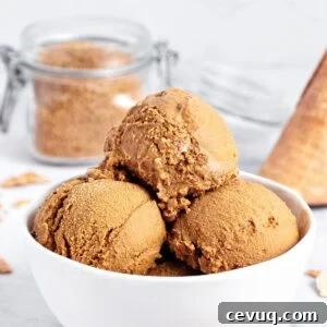 Three scoops of brown sugar ice cream in a white bowl. Gray background, brown sugar jar.
