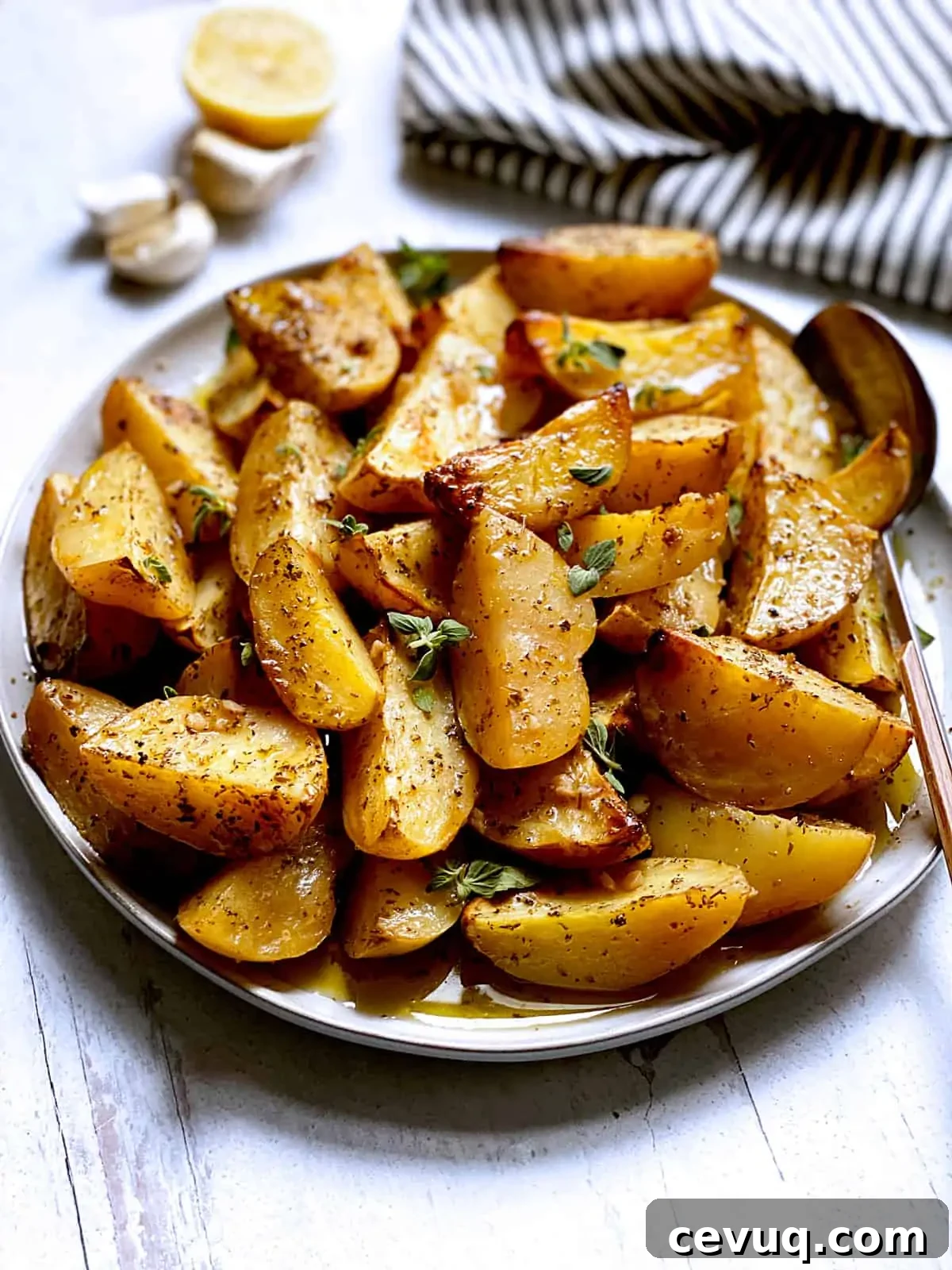 Greek Lemon Potatoes with Garlic & Oregano by The Greek Foodie // 30 Zesty & Bright Savory Lemon Recipes // FoodNouveau.com