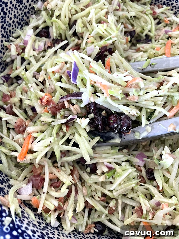 Crunchy Broccoli Slaw Salad with Tangy Lemon Dressing 2 A dark blue and white bubble patterned large Polish pottery bowl with broccoli slaw salad and tongs inserted into the salad from the right.