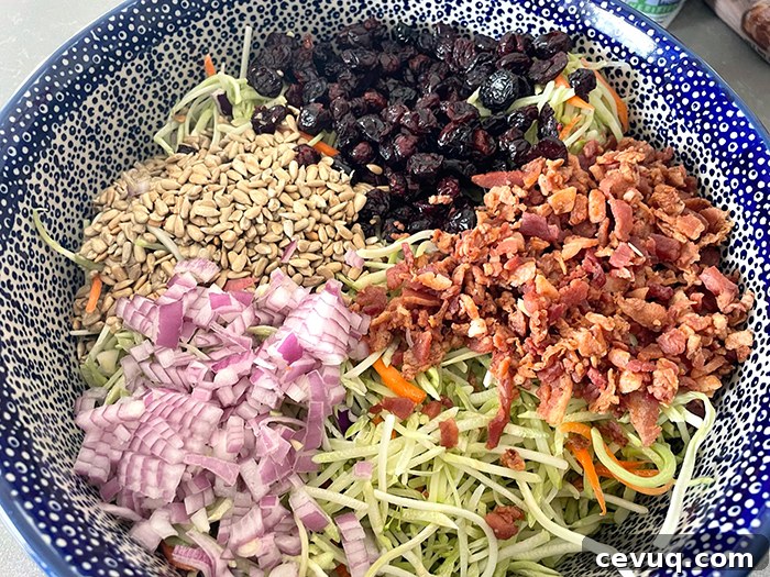 A large white and dark blue bubble patterned Polish pottery serving bowl with broccoli slaw, bacon crumbles, diced red onion, sunflower seeds, and Craisins.