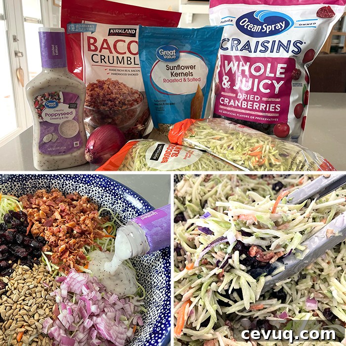 Crunchy Broccoli Slaw Salad with Tangy Lemon Dressing 5 3-Photo picture collage of step-by-step photos of how to make broccoli slaw salad.
