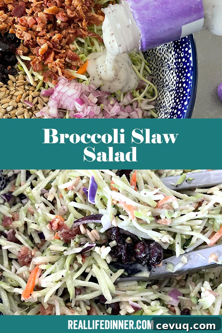 Two-photo Pinterest picture of broccoli slaw salad with the text of the title in the middle, separating the photos.