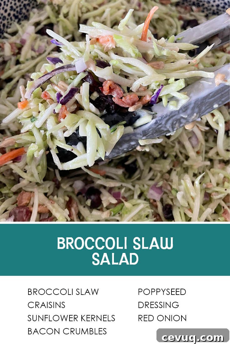 Crunchy Broccoli Slaw Salad with Tangy Lemon Dressing 8 Pinterest picture of broccoli slaw salad with metal tongs with the text of the title separating the photo and the ingredients list.