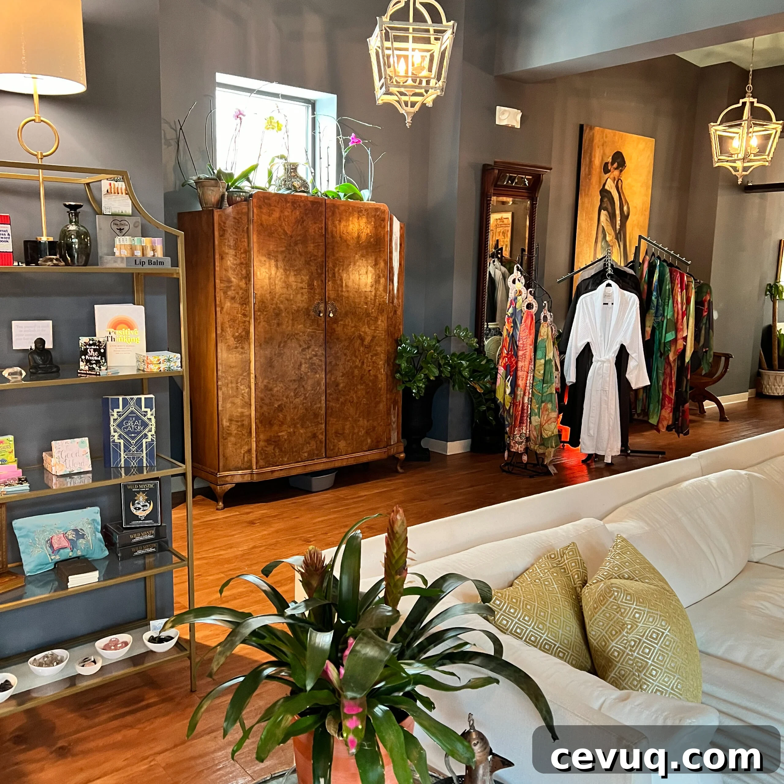 A cozy boutique interior with warm lighting and curated items.