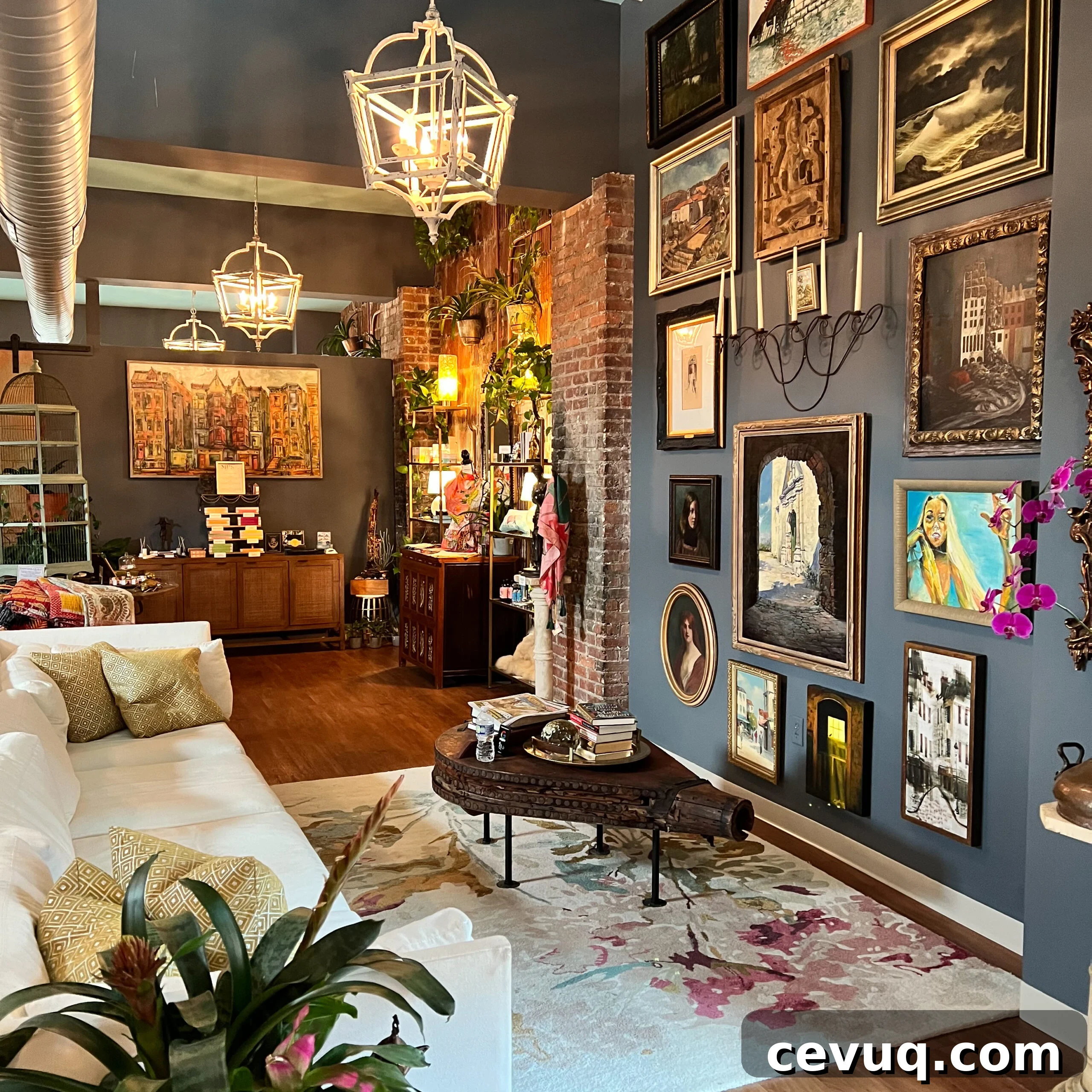 A stylish living room with warm decor and plants.