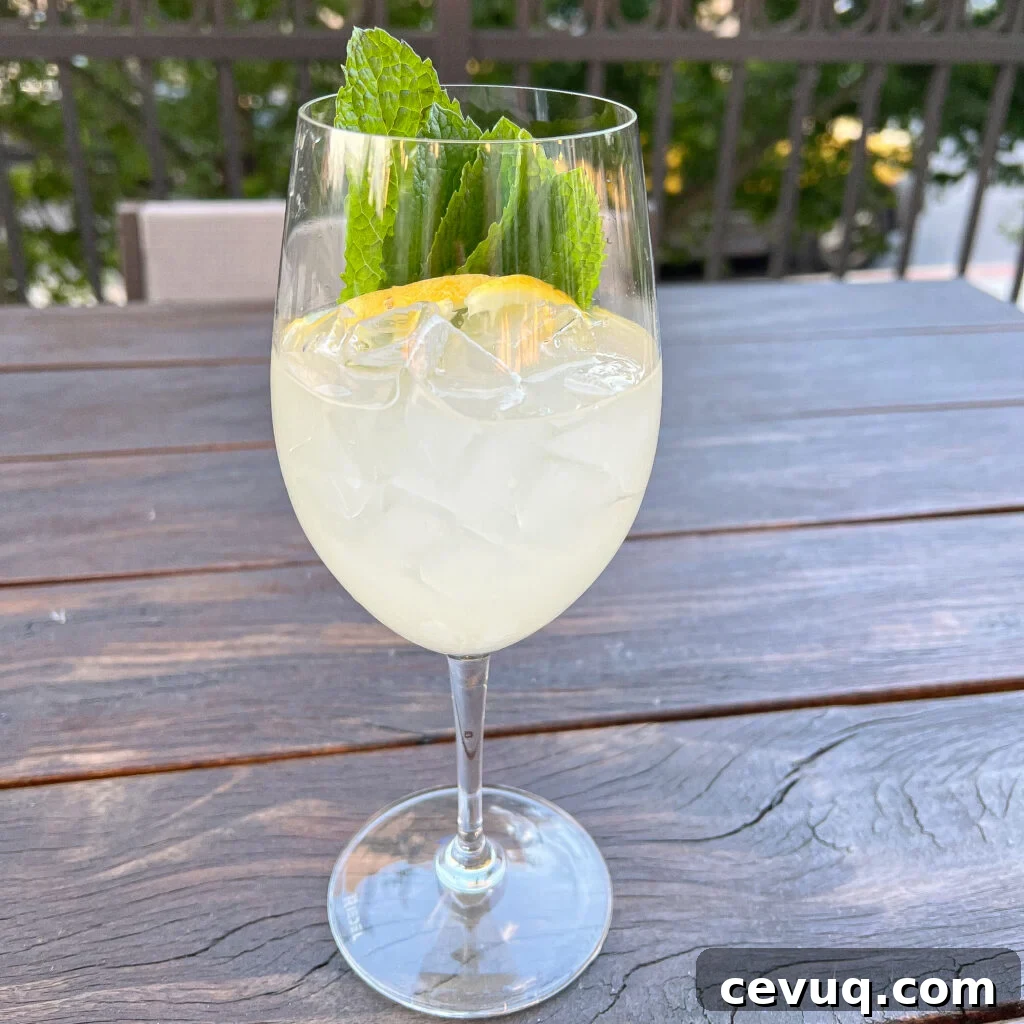 A glass of iced lemonade garnished with mint and lemon on a wooden outdoor table.