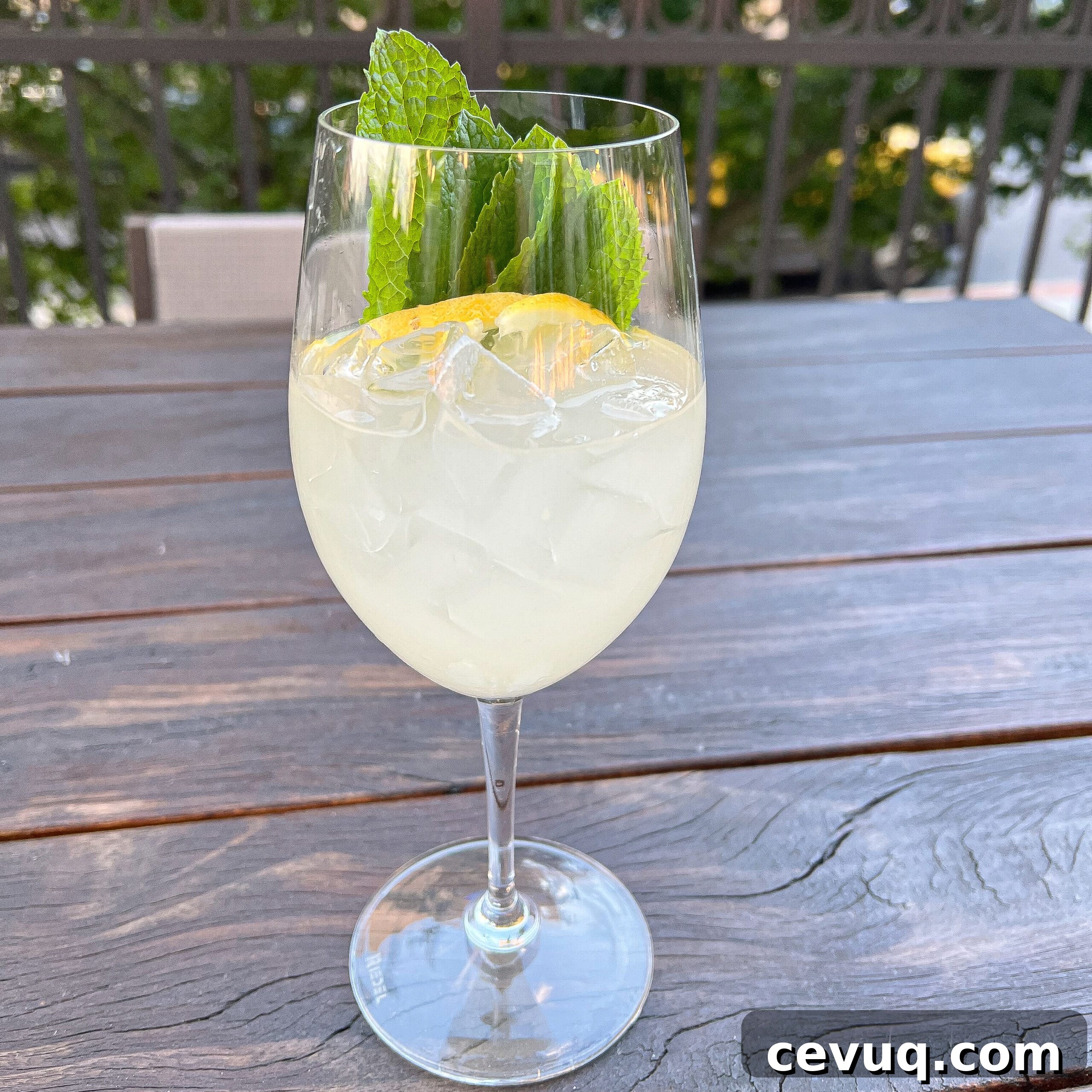 A glass of iced lemonade garnished with mint and lemon on a wooden outdoor table.