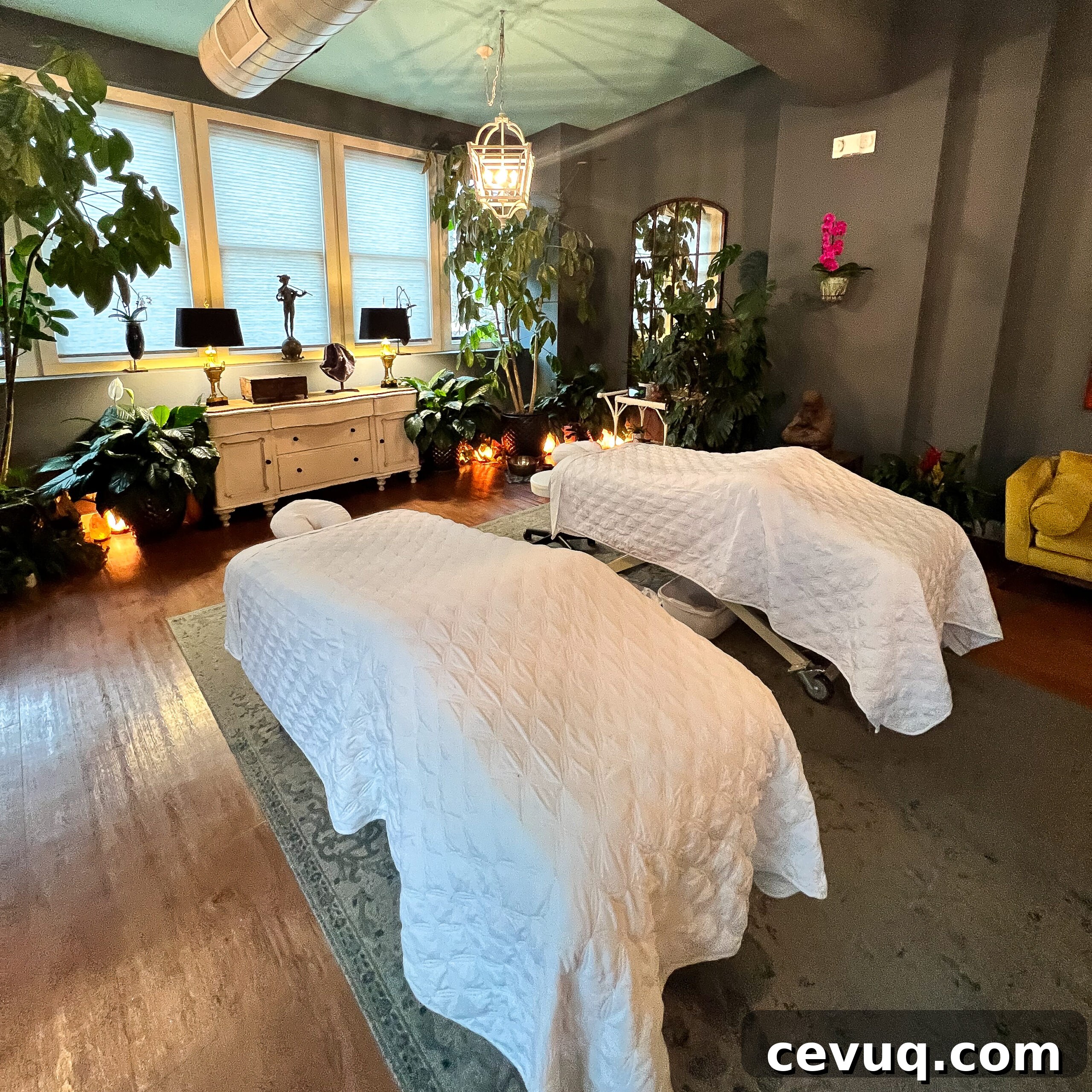 A cozy spa room with two massage tables, soft lighting, and plants.