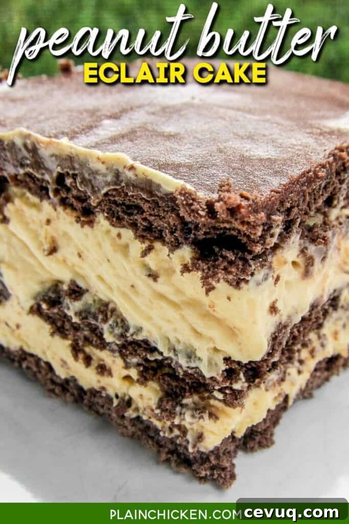 9×13 Dessert Recipes for Gatherings and Potlucks 3 slice of peanut butter chocolate eclair cake on a plate