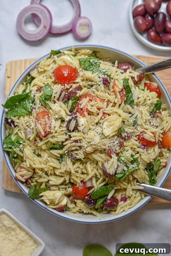 close up of the orzo pesto pasta salad