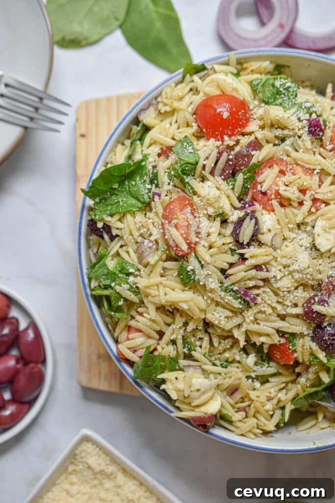 orzo pesto pasta salad with a bowl of olives, parmesan, and red onions around it