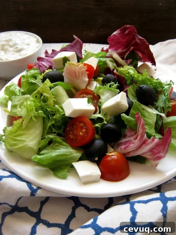 close up of the Greek Salad with Tzatziki Dressing