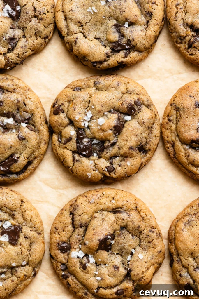 Bakery-Style Chocolate Chip Cookies Recipe for Perfect Texture 2 Overhead view of baked soft chocolate chip cookies topped with flaky salt.