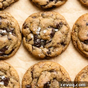 Bakery-Style Chocolate Chip Cookies Recipe for Perfect Texture 14 Overhead view of baked soft chocolate chip cookies topped with flaky salt.