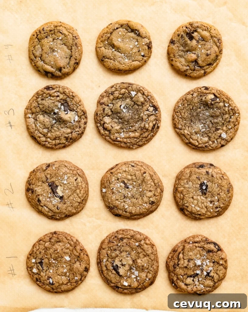Bakery-Style Chocolate Chip Cookies Recipe for Perfect Texture 3 Twelve chocolate chip cookies in rows of three on a sheet of parchment paper.