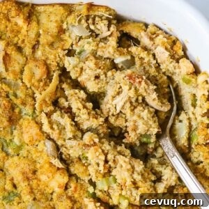 southern chicken and dressing in a baking dish.