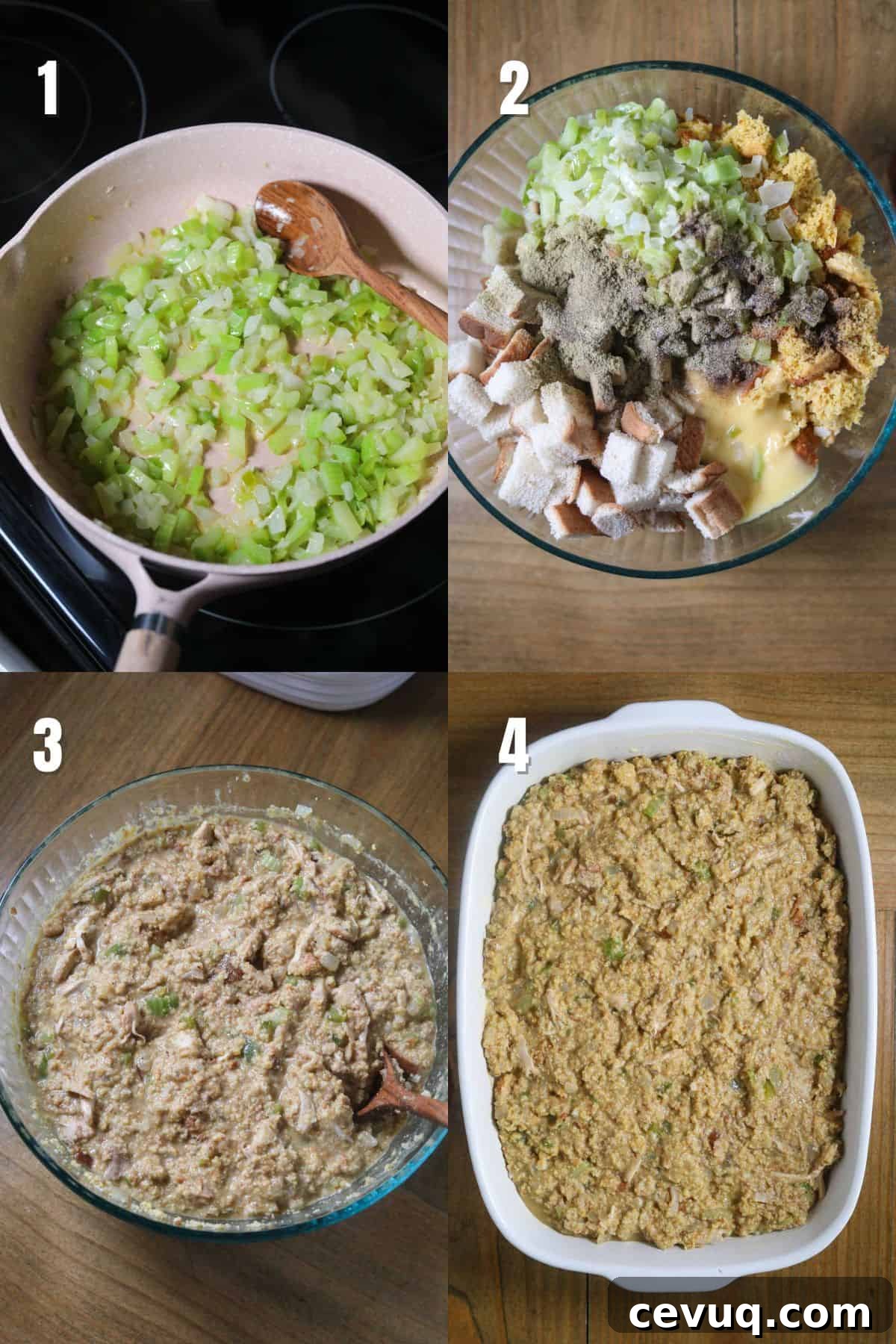 Step by step images for making southern chicken and dressing.