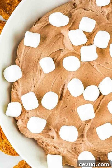 A serving bowl with 3 ingredient hot cocoa dip garnished with mini marshmallows, with cookies on the side for dippers.