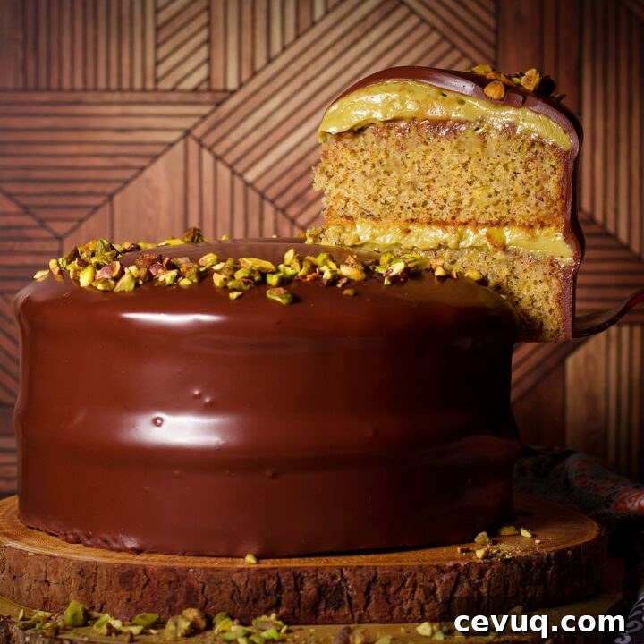 Lifting a slice of pistachio cream cake from the entire cake.