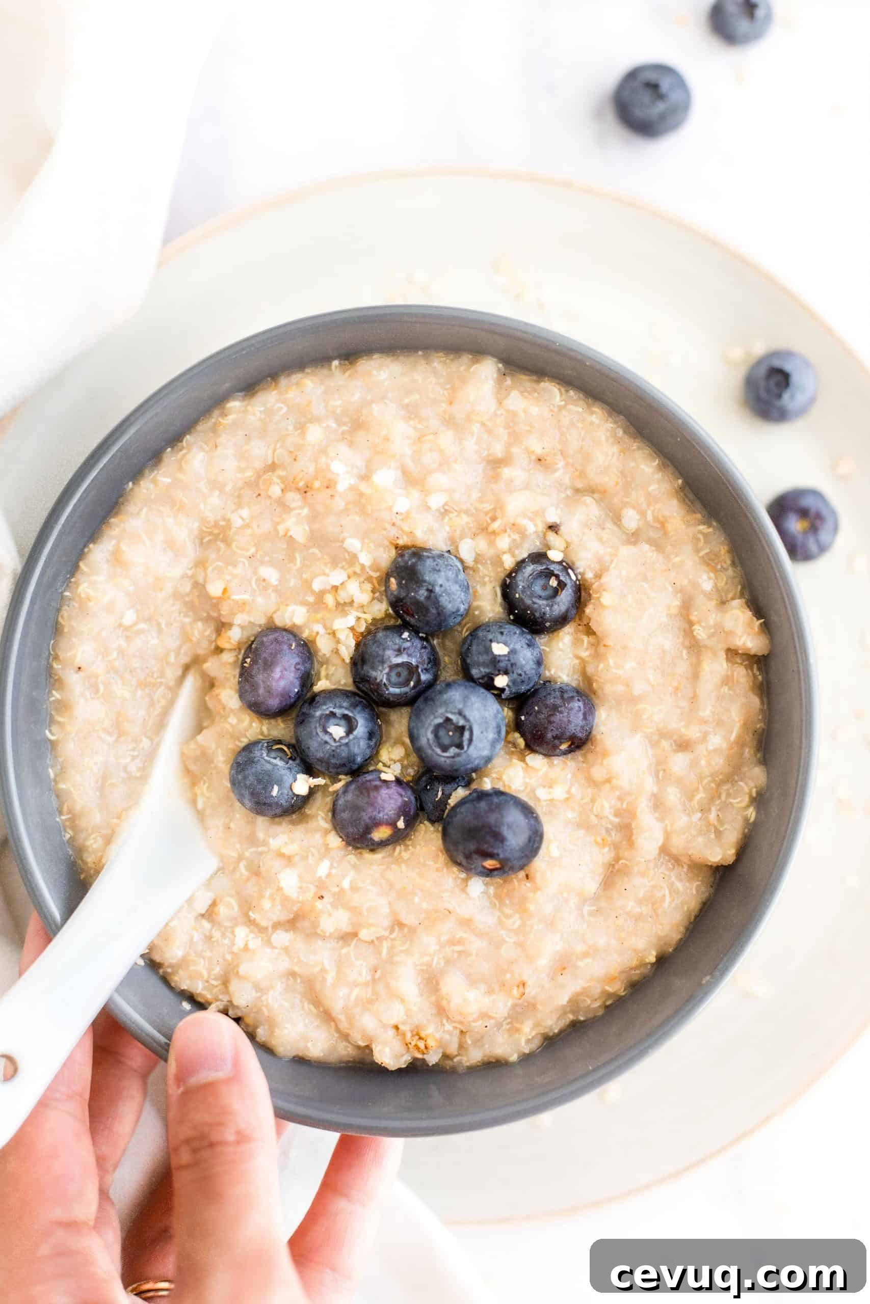 5-Minute Creamy Quinoa Porridge (Gluten-Free, Vegan) A bowl of creamy quinoa porridge with fresh blueberries.