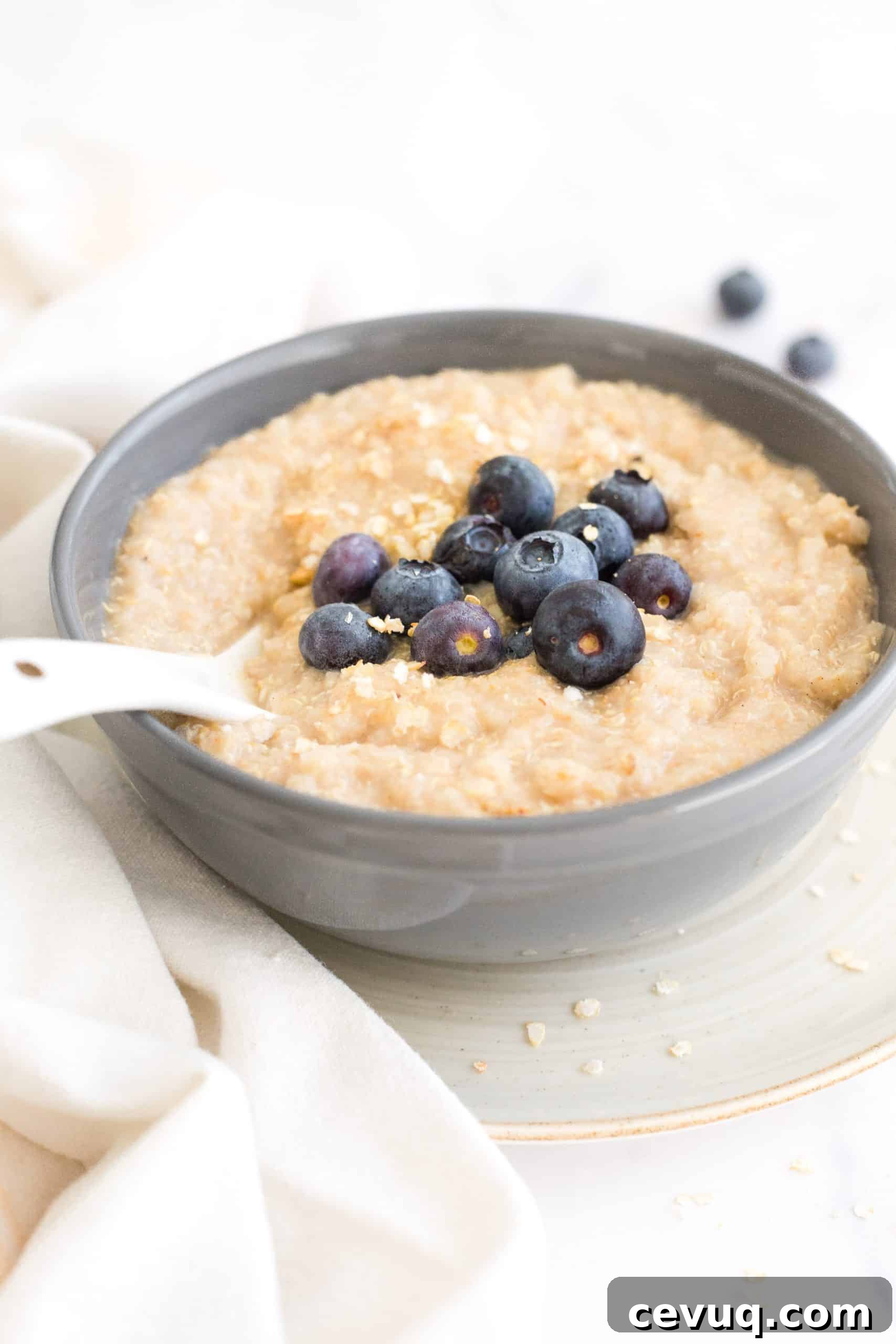 5-Minute Creamy Quinoa Porridge (Gluten-Free, Vegan) A spoon in a bowl of quinoa flakes porridge with blueberries.