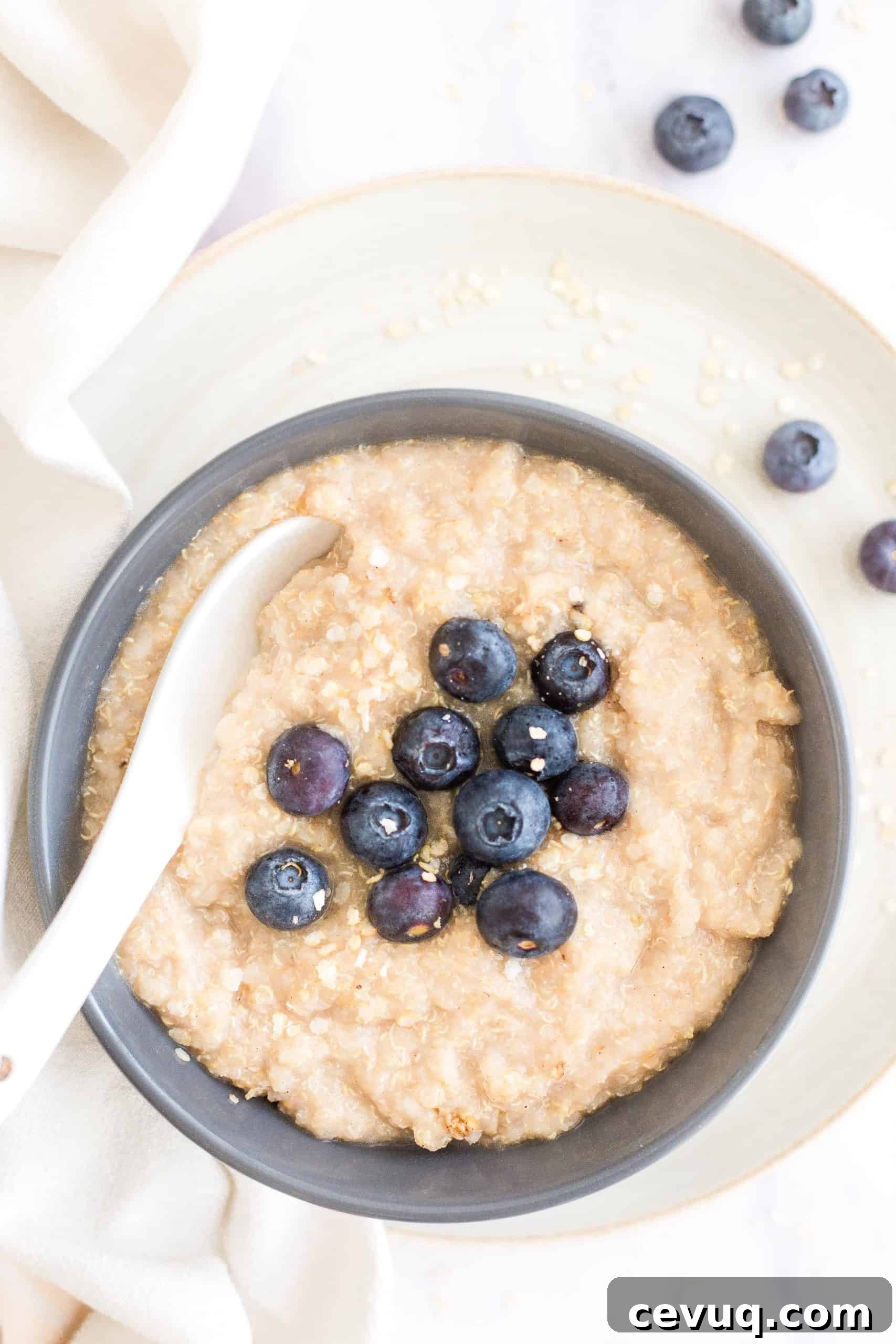 5-Minute Creamy Quinoa Oatmeal Porridge (Gluten-Free, Vegan) A big bowl of quinoa oatmeal porridge with fresh blueberries.