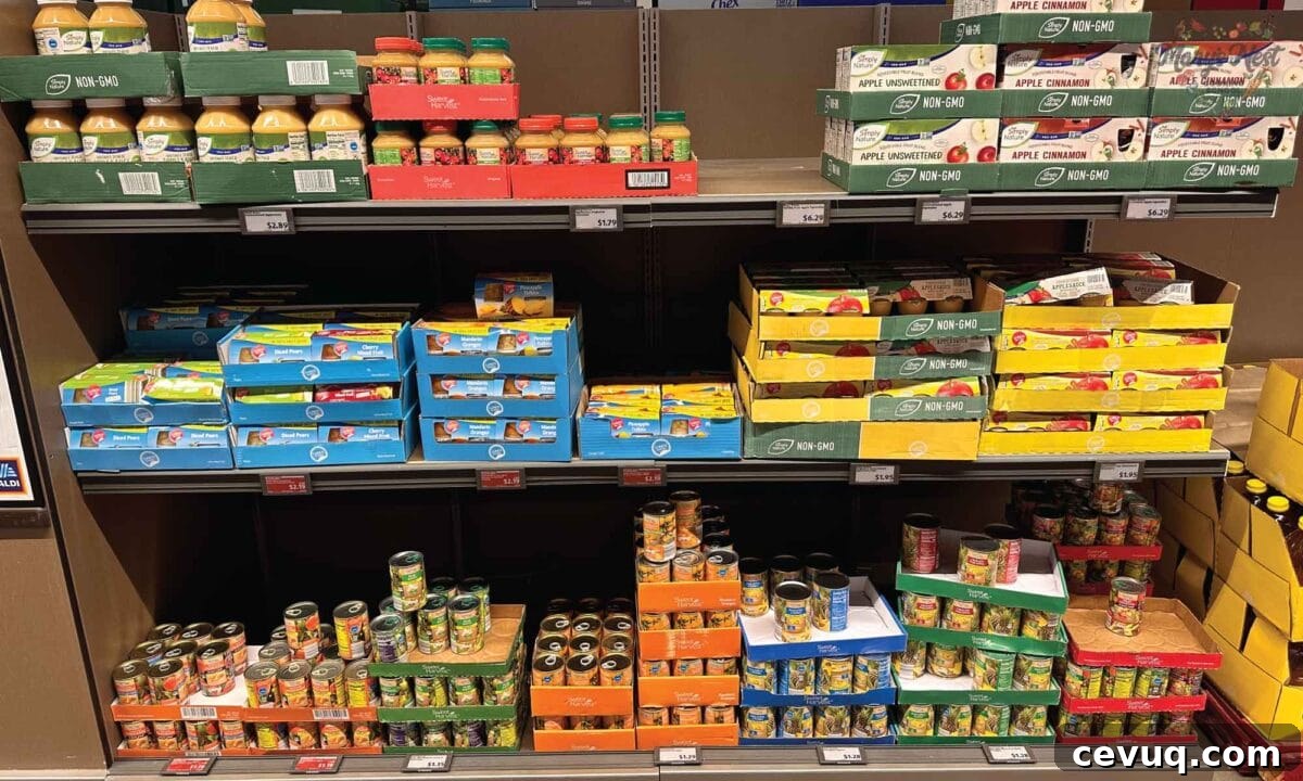 Showing shelves of canned fruit at Aldi.