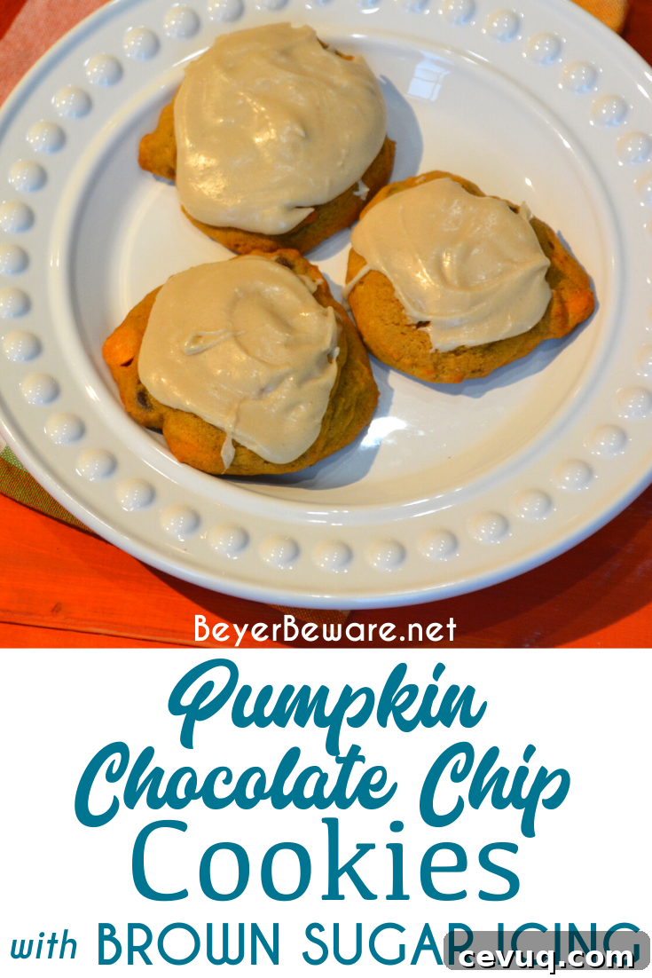 Pumpkin chocolate chip cookies are a made from scratch chocolate chip cookie with real pumpkin in the cookie dough and then topped with brown sugar icing on top!