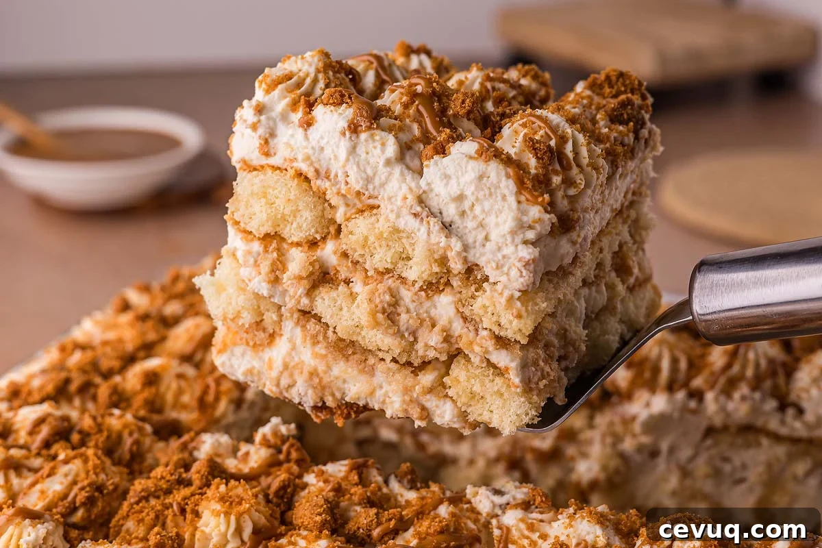 A close-up of a creamy Biscoff Tiramisu slice being lifted from a tray with a serving spatula.
