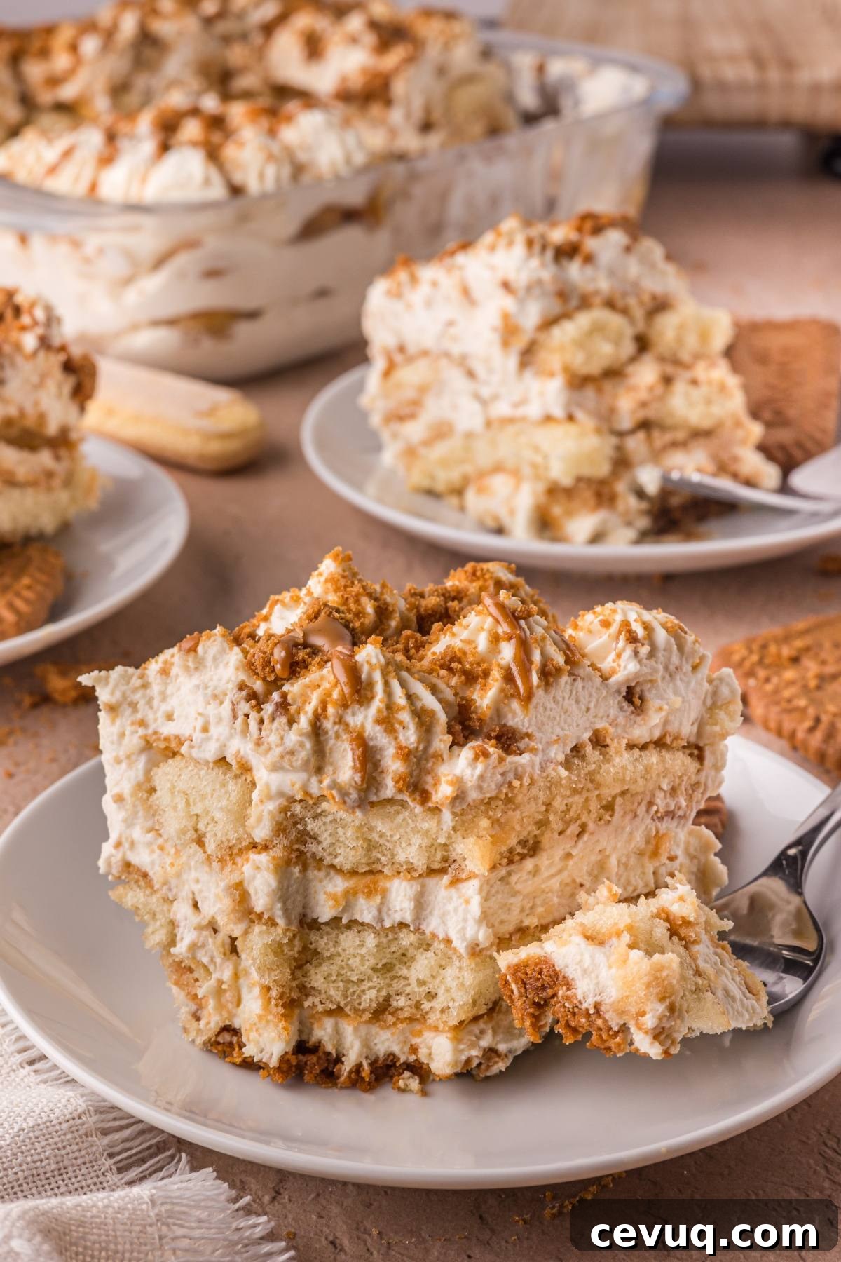 A slice of creamy Biscoff tiramisu with layers of cake and cream on a white plate, topped with crumbs and caramel.
