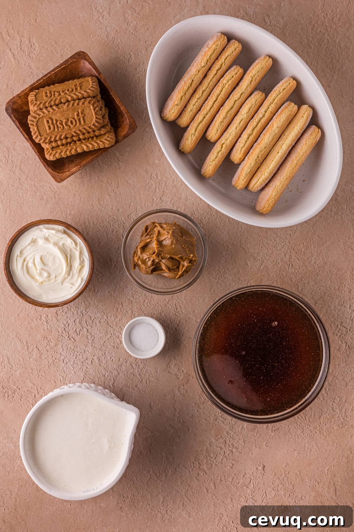 Top view of Biscoff cookies, ladyfingers, cream, peanut butter, coffee, salt, and whipped cream on a tan surface.