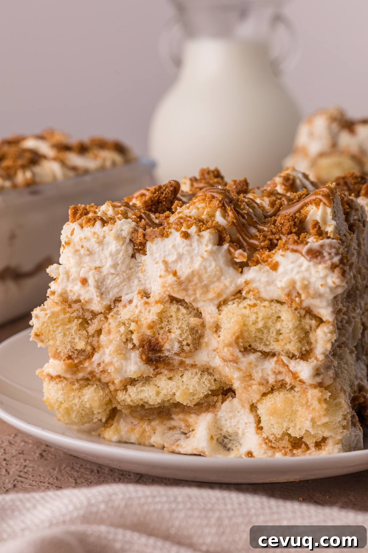 A close-up of a slice of creamy Biscoff tiramisu dessert on a white plate, topped with crushed cookies and caramel.