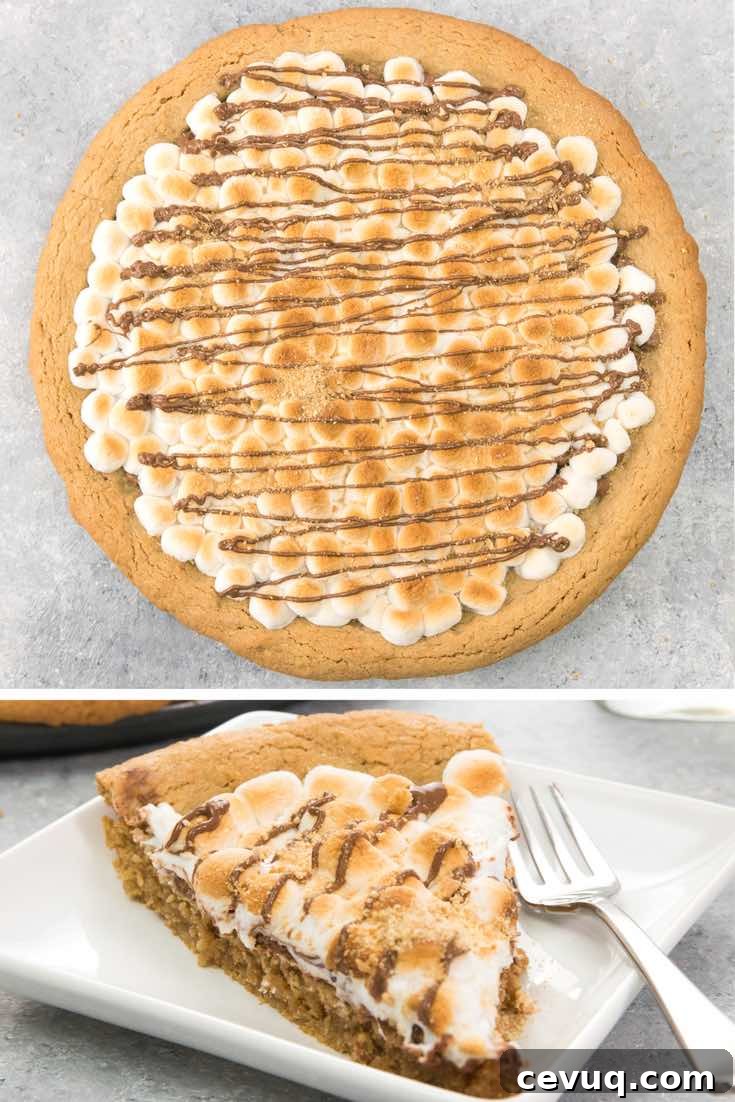 S'mores Dessert Pizza Recipe: Gooey Chocolate and Marshmallow Pie 2 Soft & Gooey Loaded S’mores Pizza or S’mores Pie - flavored with crushed graham crackers cookie dough, and layered with marshmallow and sweet chocolate chips. Who needs a campfire? Bake this indoor rich, gooey S’mores cake instead! Loads of s’mores in every bite! So good! Quick and easy recipe.