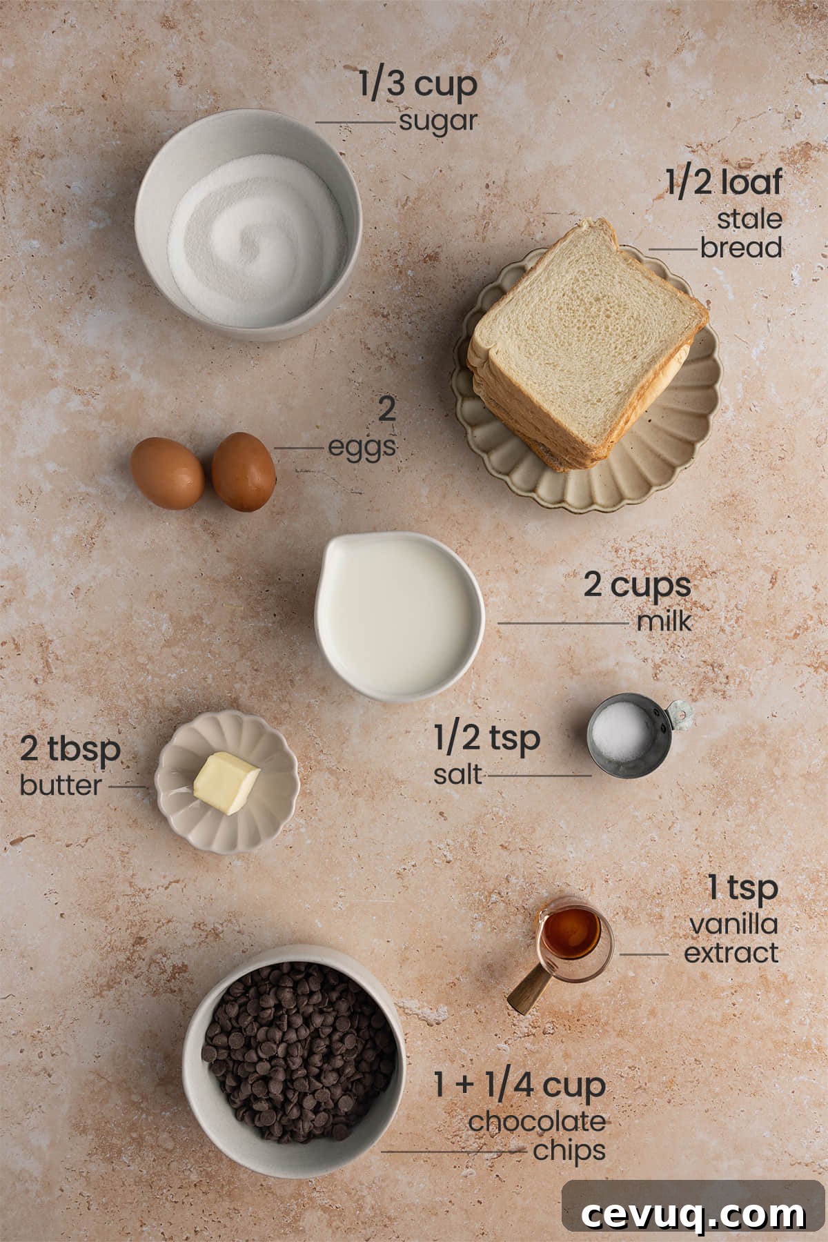 Chocolate Chip Bread Pudding including sugar, stale bread, eggs, milk, salt, butter, vanilla extract, chocolate chips