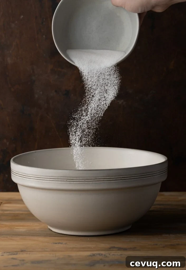 Adding sugar to bread pudding mixture.