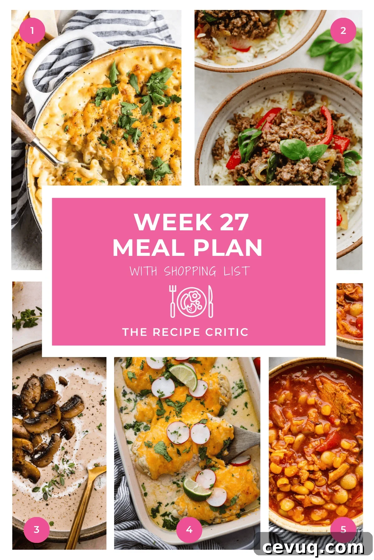 A collage of 5 recipe photos with a graphic that says Week 27 meal plan with shopping list.