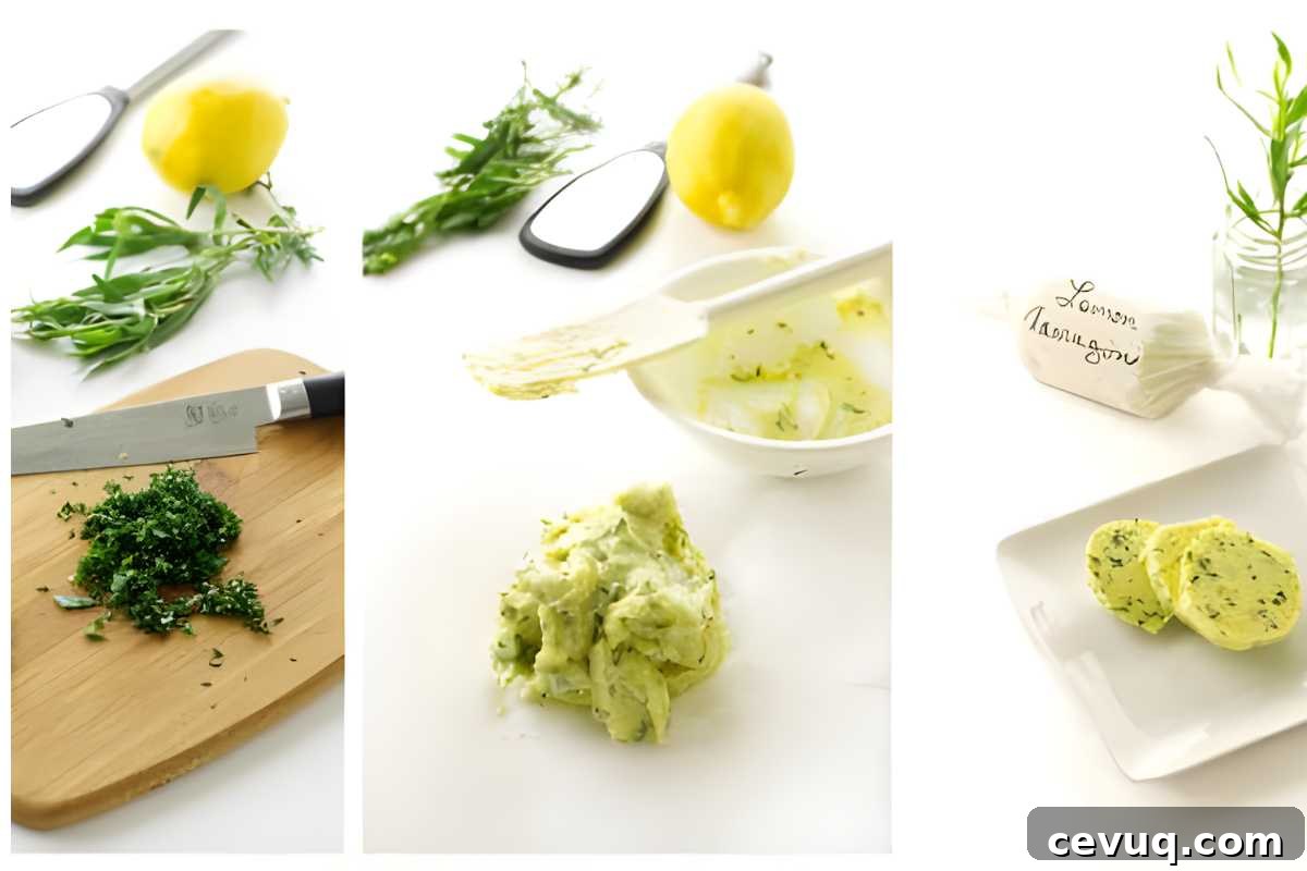 Chopped tarragon, lemon, and butter mixed, then formed into labeled slices.