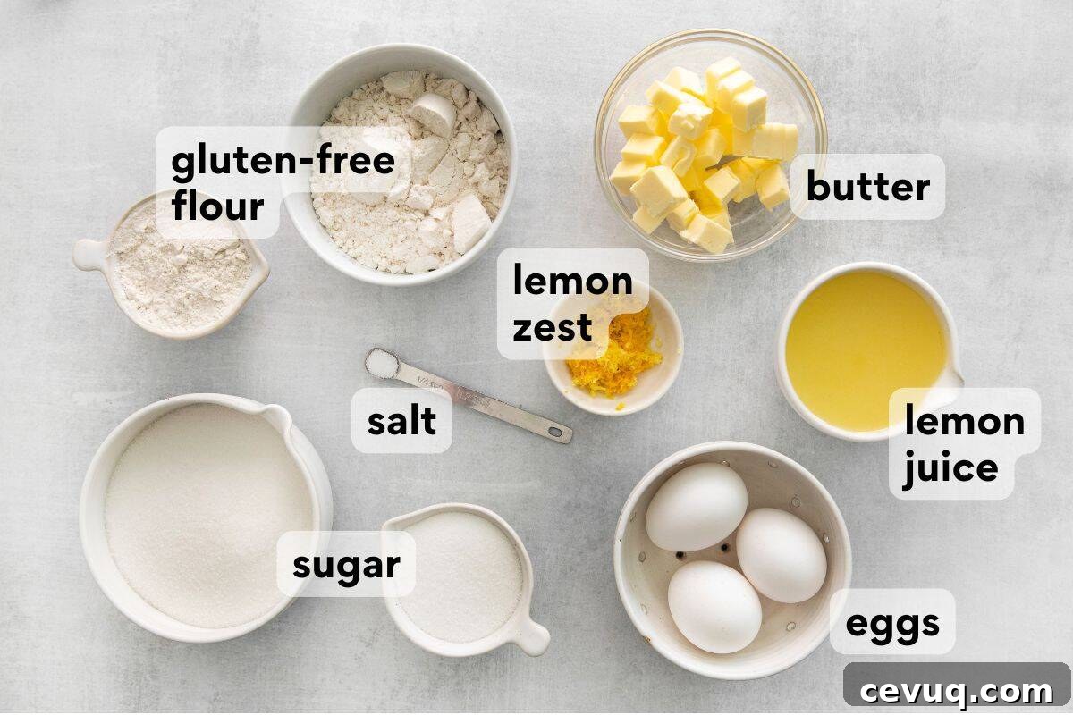 lemon bar ingredients measured and labeled.
