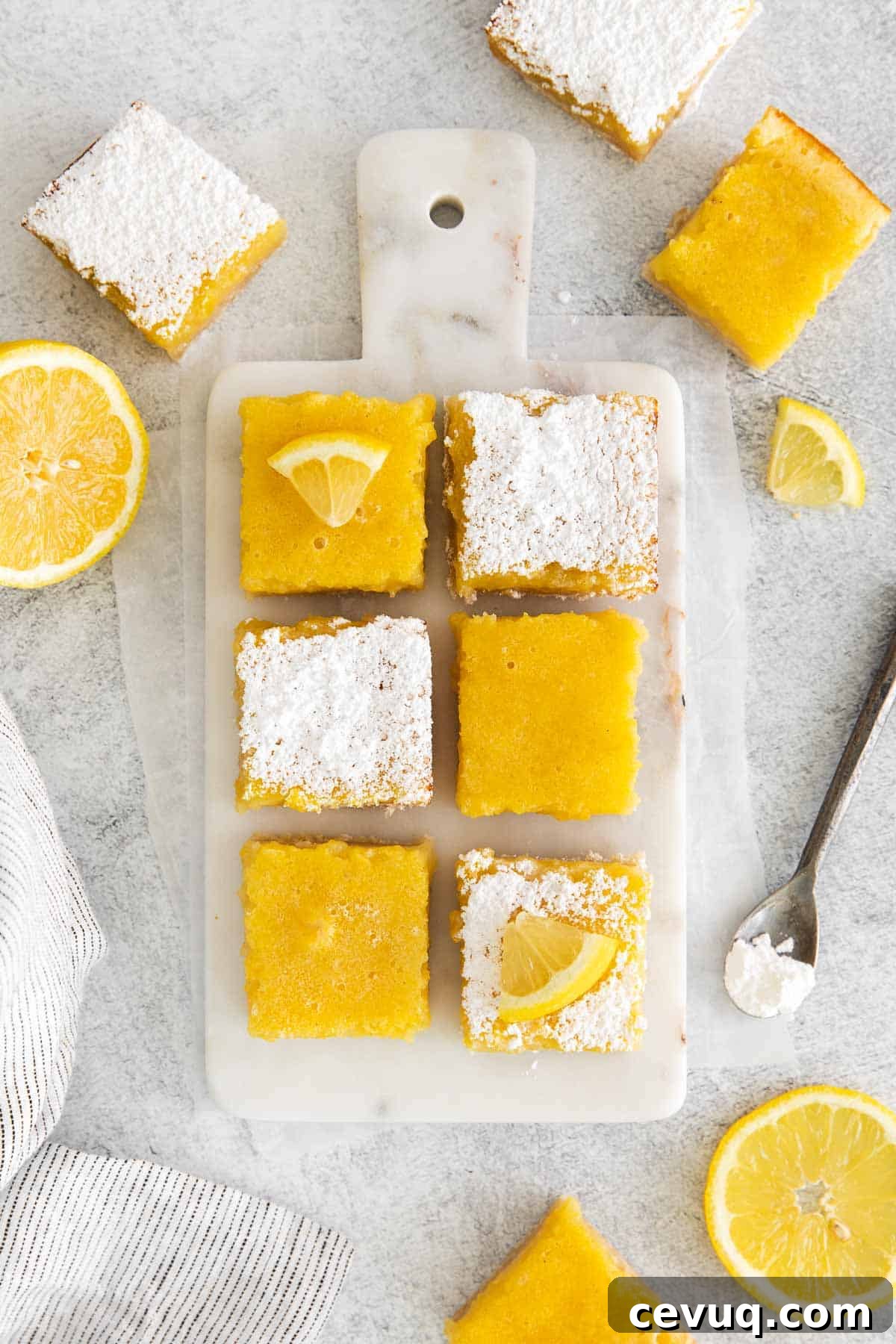 gluten-free lemon bars with powdered sugar and lemon slices on top.
