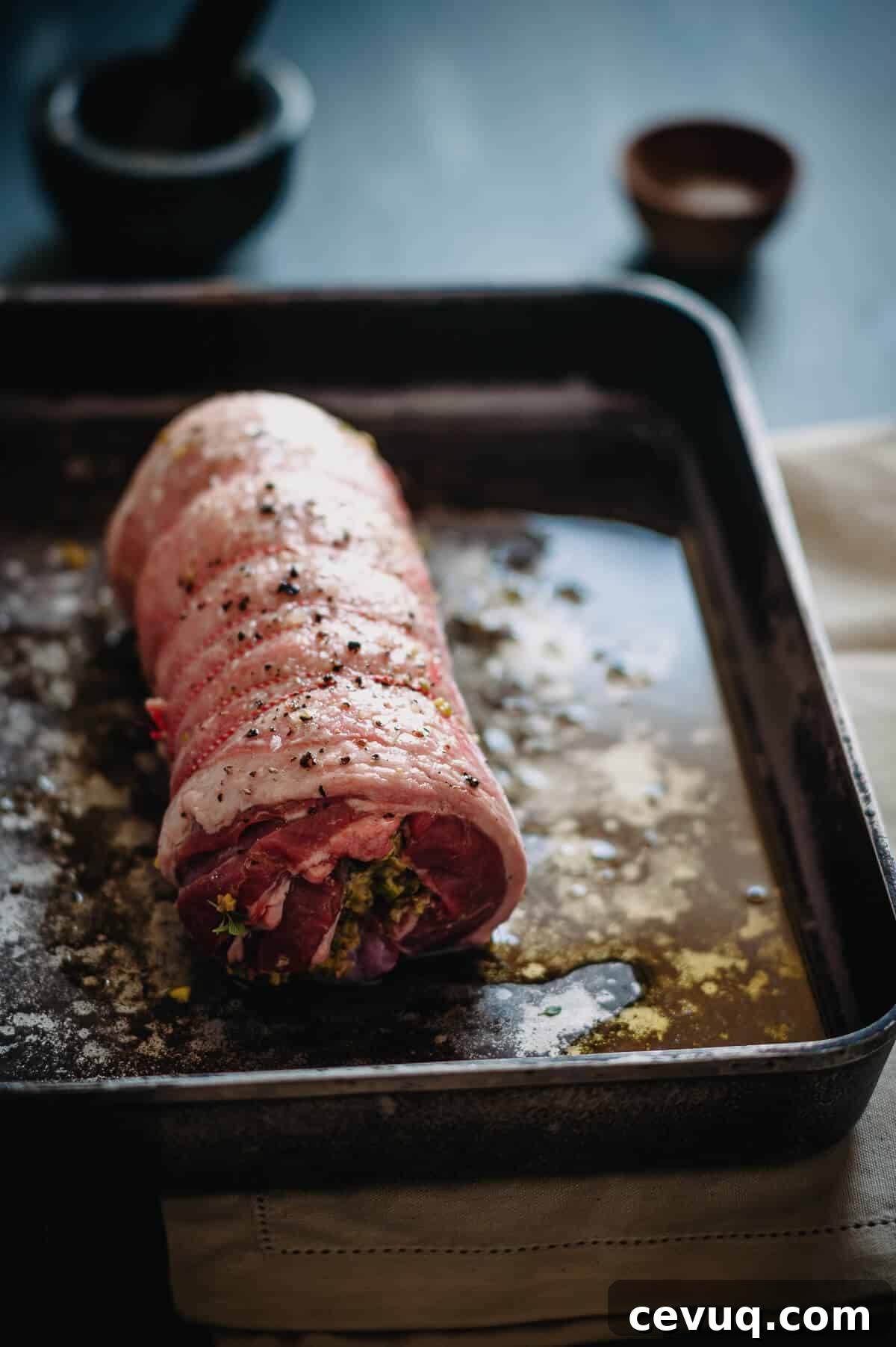 rolled boneless lamb prepared in a baking dish