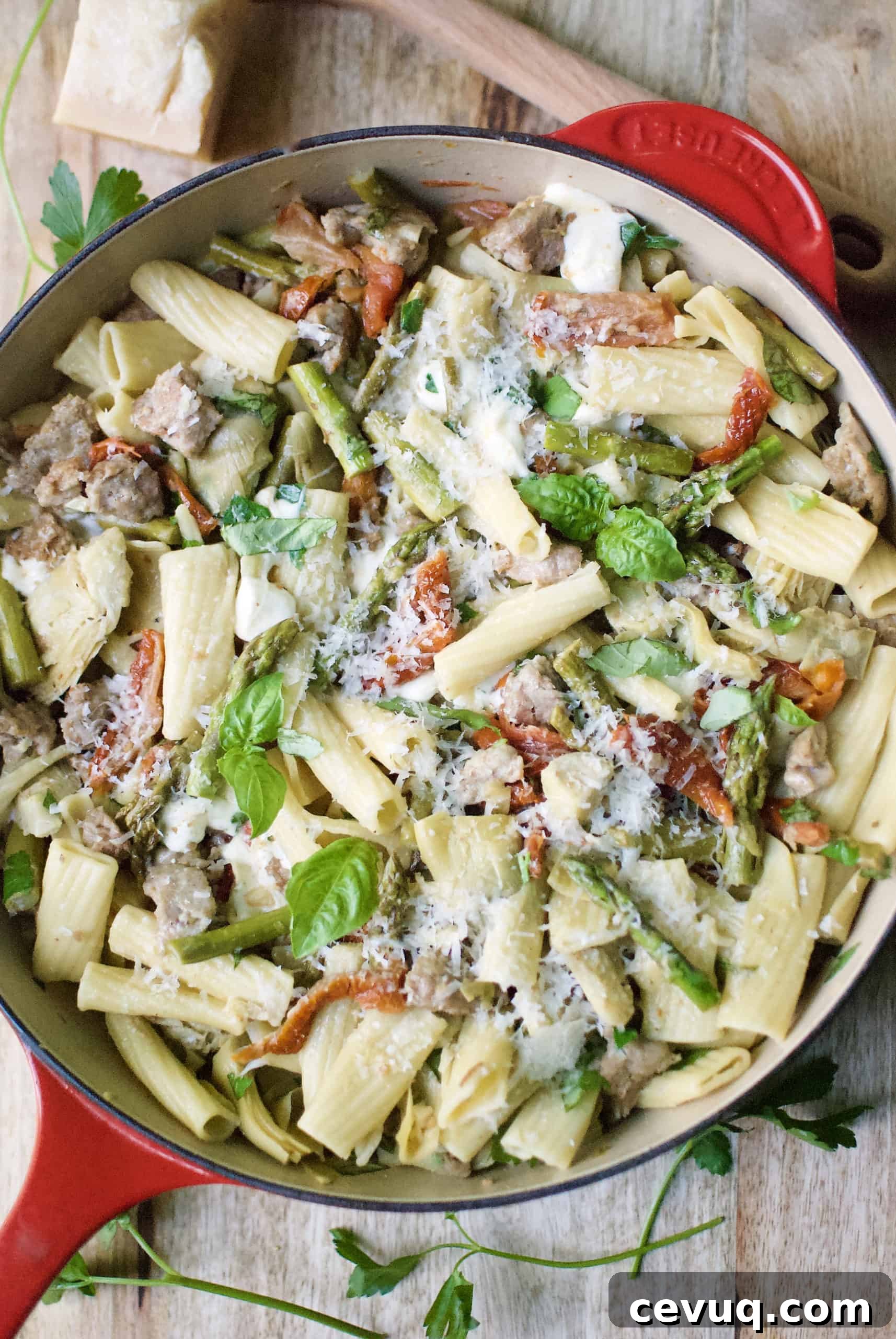 Rigatoni with Sausage, Artichokes & Asparagus