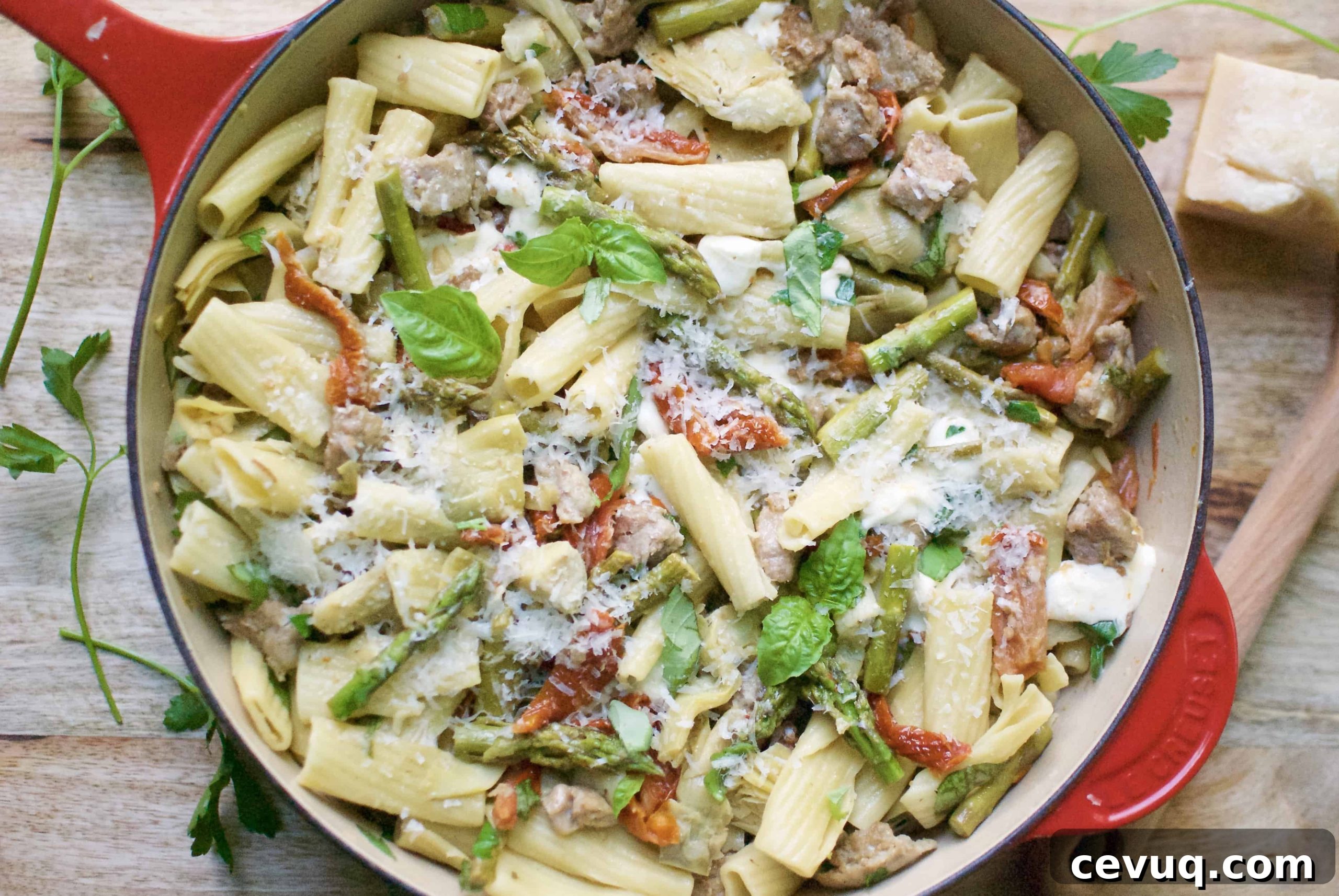 rigatoni with sausage, artichokes & asparagus
